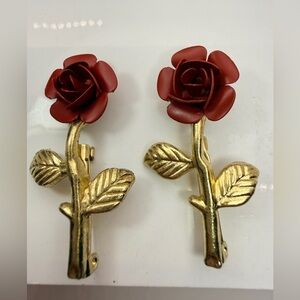 Vintage Red Rose Brooch Pair Gold Tone Stem Mid Century Floral Pins